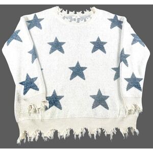 Entro Star Print Distressed Sweater Womens 1X Cream Fringe Hem Pullover Boho Fun